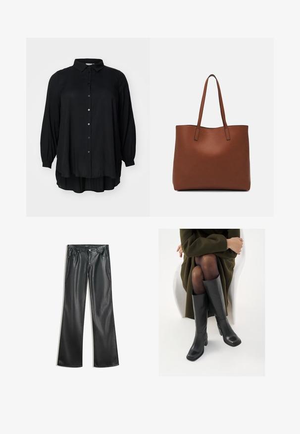 Mustat pitkät hiharat-paita, jossa on kauluspaita, nappikiinnitys ja virtaava muotoilu. Valmistettu kevyestä materiaalista, jossa on hienovarainen kiilto.; Mustat keinonahkaiset flared-housut, joissa on sileä rakenne, viisi taskua, vetoketju edessä ja kontrastivärinenniitit.; Polvisuoja mustat nahastossud, millel on ruudukujuline varvas ja plokk-kints, on esitatud mudeli seljas, kes istub oliivrohelises mantlis. Sile tekstuur, minimaalne detailitus.; Ruskea nahkainen olkalaukku, jossa on sileä pinta, avoin yläosa ja kaksi olkahihnaa. Omaavat vain minimaalisen ompelun eikä näkyvää metalliosaa.