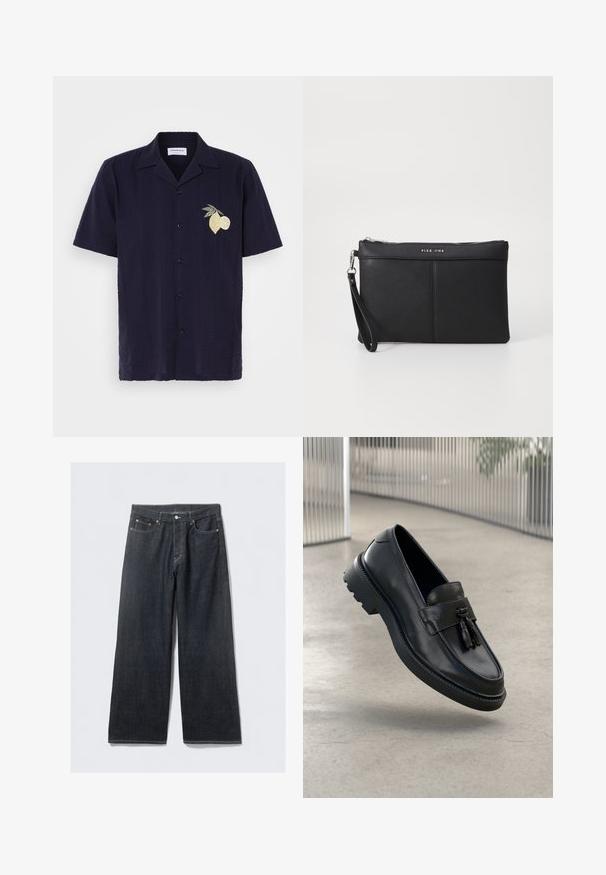 Marineblå kortærmet skjorte med struktureret mønster og lodrette striber. Har et broderet citron- og lime-design på venstre bryst.; Mørke denim brede bukser med høj talje, med kobberfarvede nitter og kontrastsyning, glat tekstur og uden synlige mønstre.; Sorte læderloafer med glat finish, dekorativ kvast, tyk gummisål og syede detaljer. Let og elegant design.; Sort syntetisk clutch med lynlåslukning, håndledsrem og en glat overflade. Har diskret syninger og et præg af logoet på fronten.