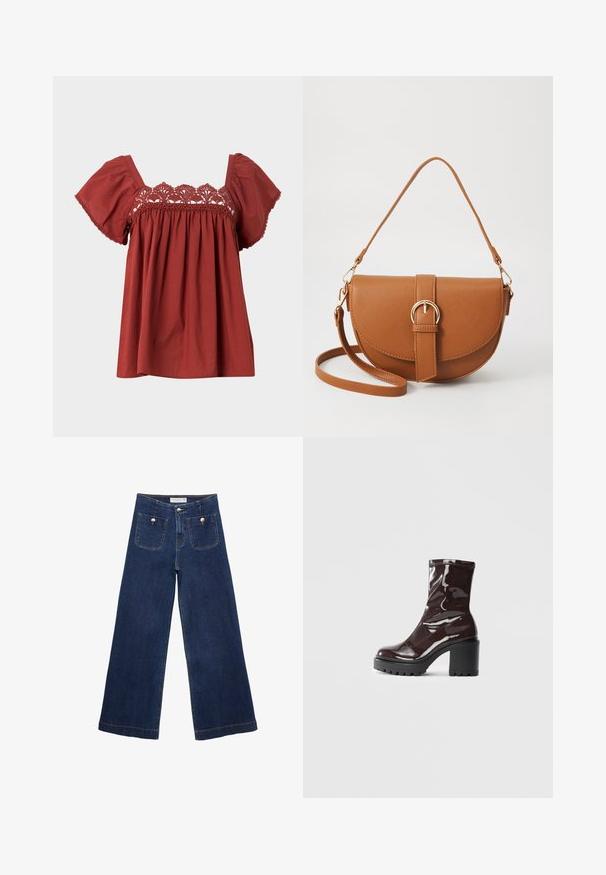 Rotes Baumwolloberteil mit kurzen, ausgestellten Ärmeln und Spitzenverzierungen am Ausschnitt. Der Stoff hat eine glatte Textur und eine lockere Passform.; Dunkelblaue weite Jeans aus Denim, mit zwei vorderen Taschen und dekorativen Knöpfen, sowie einem geraden Saum.; Glatte bordeauxrote Ankle Boots mit einem klobigen schwarzen Absatz, die eine glatte Oberfläche und ein einfaches Design aufweisen. Keine sichtbaren Verschlüsse oder Muster.; Braune Leder-Crossbody-Tasche mit geschwungener Form, goldfarbenen Beschlägen und einer Schnallenakzentuierung. Verfügt über einen abnehmbaren Schultergurt.