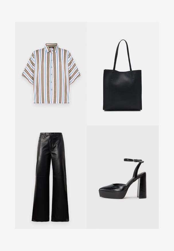 Camicia a maniche corte con bottoni, caratterizzata da righe verticali in rosso, blu, verde e bianco. Realizzata in tessuto leggero con colletto classico.; Pantaloni ampi a vita alta in ecopelle neri con bottone frontale, chiusura con zip, passanti per cintura e tasche laterali su sfondo bianco.; Tacchi a piattaforma neri con punta appuntita e cinturino regolabile alla caviglia. Realizzati in pelle liscia, presentano un tacco a blocco spesso.; Borsa tote in pelle nera con texture liscia, forma rettangolare e due manici lunghi. Nessun hardware o decorazione visibile.