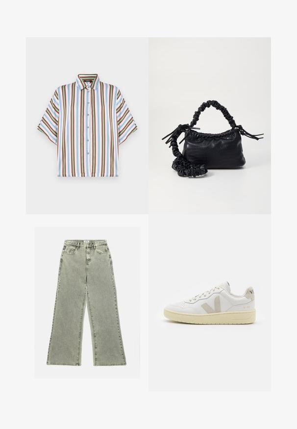 Koszula z krótkim rękawem zapinana na guziki, z pionowymi paskami w kolorach czerwonym, niebieskim, zielonym i białym. Wykonana z lekkiego materiału, z klasycznym kołnierzykiem.; Spodnie dżinsowe o szerokich nogawkach w jasnoszarym denimu, z wysokim stanem, przednimi kieszeniami i surowym wykończeniem dołu. Zniszczona tekstura dodaje wizualnego zainteresowania.; Białe skórzane trampki z beżowymi zamszowymi akcentami, perforowanym noskiem, płaskimi sznurowadłami i teksturowaną kremową podeszwą. Posiadają subtelne logo na pięcie.; Czarna torebka z syntetycznej skóry o teksturze krokodyla, z zaciąganym górnym zamknięciem i marszczonym paskiem. Wygląda na miękką i zwartą w designie.