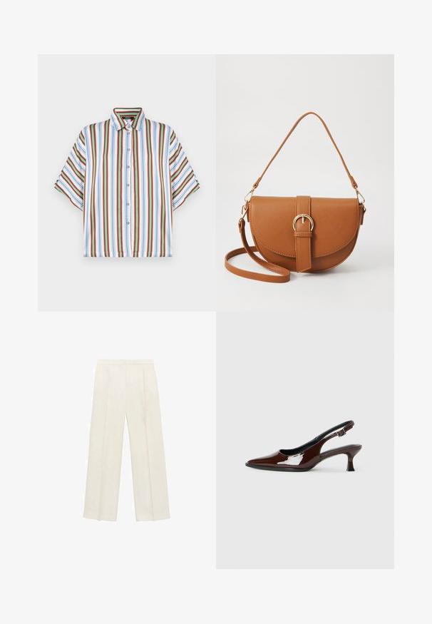 Kortærmet skjorte med knapper, der har lodrette striber i rød, blå, grøn og hvid. Fremstillet af letvægtigt stof med en klassisk krave.; Bredbenede bukser i en lys cremefarve. Fremstillet af et glat stof med plisseringer foran og sidelommer.; Brun patenteret læder slingback sko med spids tå og en moderat hæl. Har en spænde rem for en sikker pasform. Glat tekstur.; Brun læder crossbody taske med en buet form, guldfarvet hardware og en spændeaccent. Har en aftagelig skulderrem.