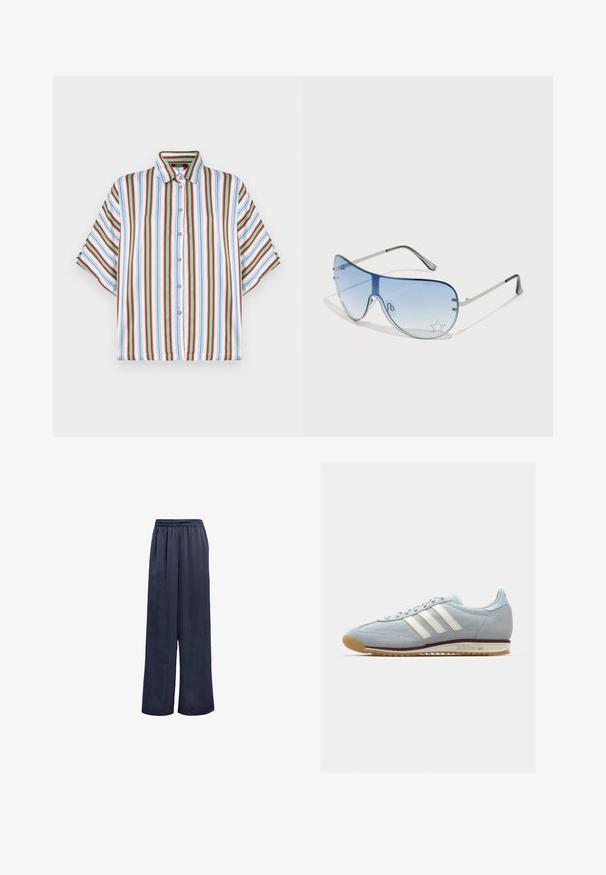 Rövid ujjú gombos ing, függőleges csíkokkal piros, kék, zöld és fehér színekben. Könnyű anyagból készült, klasszikus gallérral.; Sötétkék, széles szárú nadrág sima anyagból, rugalmas derékkal és láthatatlan fémrészek nélkül. Lazább helyzetű és teljes hosszúságú kialakítással rendelkezik.; Világoskék velúr sneaker fehér három csíkkal, gumitalppal és texturált hálós anyaggal. Jellemzője a sima orr-rész és a logó a saroknál.; Pilóta napszemüveg, melynek áttetsző kék lencséje, ezüst fém kerete és díszes csillag díszítések találhatók a lencsén. Simogató és elegáns dizájn.