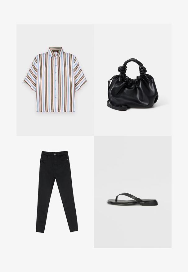 Košeľa s krátkym rukávom, zapínaná na gombíky, s vertikálnymi pruhmi v červenej, modrej, zelenej a bielej farbe. Vyrobená z ľahkého materiálu s klasickým golierom.; Čierne skinny džínsy vyrobené z denimu, s vysokým pásom, päť vreckovým dizajnom a surovým lemom pri členkoch. Klasické zapínanie na gombík a zips.; Čierne šľapky vyrobené z hladkej kože, s tenkým pásikom a plochou podrážkou s minimalistickým profilom. Bez výrazných vzorov alebo akcentov.; Čierna kožená kabelka s nariaseným dizajnom, krátkymi zaoblenými uchami a odnímateľným ramenným pásom. Hladká textúra s jemným siluetou.