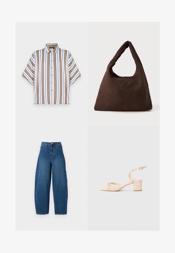 Camicia a maniche corte con bottoni, caratterizzata da righe verticali in rosso, blu, verde e bianco. Realizzata in tessuto leggero con colletto classico.; Jeans in denim con un lavaggio blu medio, caratterizzati da una vita alta, una gamba larga e un design a cinque tasche standard con dettagli di cucitura visibili.; Sandalo con tacco beige, con cinturino, punta quadrata, design anteriore torcigliato, cinturino alla caviglia e tacco a blocco. Texture liscia, stile minimalista.; Borsa intrecciata marrone con una forma morbida, un manico a loop singolo e una superficie testurizzata. Il design presenta uno stile hobo senza accessori aggiuntivi.