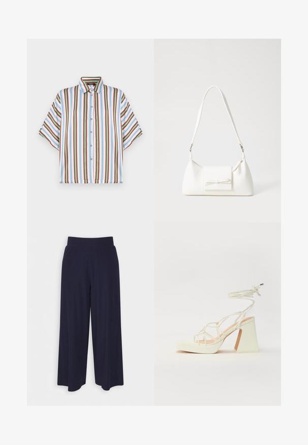 Košile s krátkým rukávem a knoflíky s vertikálními pruhy v červené, modré, zelené a bílé barvě. Vyrobena z lehkého materiálu s klasickým límcem.; Široké kalhoty z tmavě námořnické tkaniny s žebrovanou strukturou. Obsahují hladký pas a splývavý siluetu, dosahující délky po polovinu lýtek.; Bílé sandály na vysokém podpatku s robustním podpatkem, s designem s pásky a zavazováním kolem kotníku. Hladký povrch s platformou vpředu pro zvýšení výšky.; Bílá syntetická kabelka v trojúhelníkovém tvaru, s plochým předním klopným víkem a detailem mašle, nastavitelným popruhem, hladkým povrchem a minimalistickým designem.