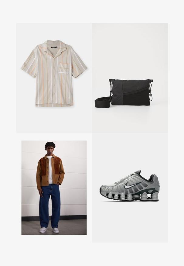 Cămașă cu mânecă scurtă în nuanță de bej, cu dungi verticale în portocaliu, verde și alb. Dispune de guler și un buzunar pe piept. Țesătură texturată.; Top din bumbac alb, cu decolteu rotund, bretele late și margine dreaptă, având o textură fină și fără modele vizibile.; Bărbat stând în interior, purtând un sacou din corduroy maro cu pete de rugină, tricou alb, blugi largi albaștri și adidași albi.; Adidas de alergare gri și negru, cu amortizare vizibilă sub talpă, asemănătoare unui arc, și un logo swoosh alb pe lateral.; Geantă de umăr neagră, realizată dintr-un material texturat, cu un design diagonal, curea ajustabilă și închideri cu șnur pe părțile laterale.