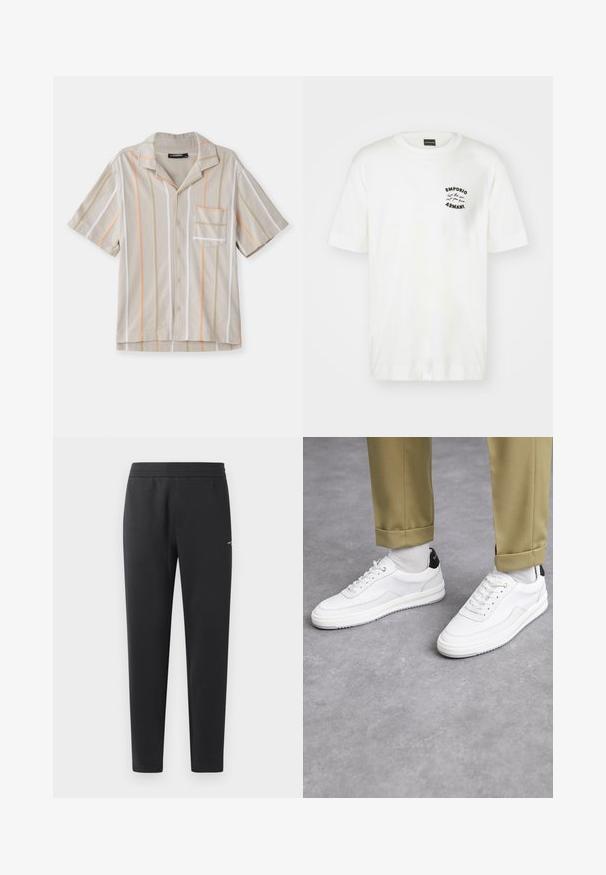 Kortærmet skjorte i beige med vertikale striber i orange, grøn og hvid. Har en krave og en brystlomme. Struktureret stof.; Hvid bomuld t-shirt med rund hals og korte ærmer. Har et sort broderet logo på venstre bryst. Glat tekstur.; Sorte joggebukser lavet af blødt stof, med elastisk måle, lige ben og et enkelt lille logo detaljeret på siden.; Hvide sneakers med en tekstureret læderfinish, rund tå og sort hælaccent. Gummisål med lille mønster og syede detaljer.