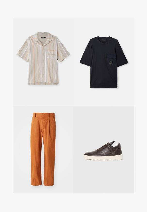 Short-sleeve shirt in beige with vertical stripes in orange, green, and white. Features a collar and a chest pocket. Textured fabric.; Black short-sleeve crew neck T-shirt with a flap pocket on the left chest featuring a small rectangular logo patch.; Orange cotton trousers with a straight fit, featuring front pleats, belt loops, and a smooth texture. Classic design with no patterns.; Dark brown textured leather sneaker with lace-up front and white ridged rubber sole on a plain light background.