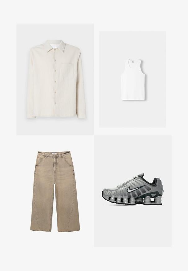Biała koszula z guzikami, wykonana z teksturowanej tkaniny, z kołnierzykiem, długimi rękawami i jedną kieszenią na piersi.; Biały bawełniany top na ramiączkach z okrągłym dekoltem, szerokimi ramiączkami i prostym dołem, charakteryzujący się gładką teksturą i brakiem widocznych wzorów.; PULL&BEAR - Jeansy baggy; Szare i czarne buty biegowe Nike z widocznym, sprężystym tłumieniem pod podeszwą oraz białym logo swoosh po boku.