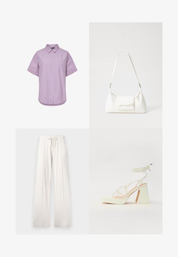 Maglietta a maniche corte con colletto di colore viola chiaro, decorata con righe verticali di un viola più scuro, dotata di chiusura a bottoni e di una tasca sul petto.; Pantaloni della tuta beige chiaro realizzati in tessuto morbido, con vita regolabile, gambe larghe e cuciture verticali, dal fondo liscio.; Sandalo bianco con tacco alto, caratterizzato da un design a cinturini e un legaccio alla caviglia. Texture liscia con una piattaforma frontale per un'altezza aggiuntiva.; Borsa sintetica bianca a forma triangolare, con patta anteriore piatta e dettaglio a fiocco, tracolla regolabile, texture liscia e design minimalista.