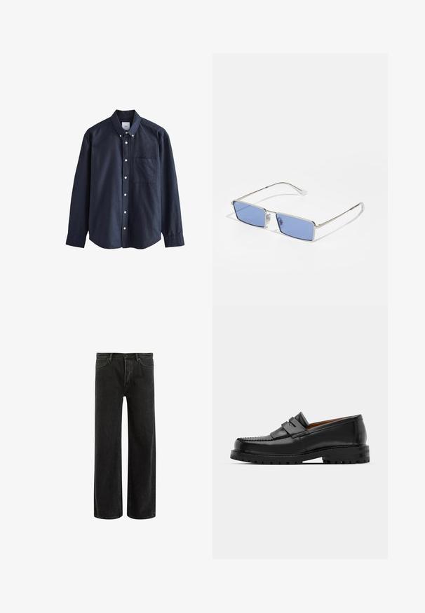 Tamnomodra srajca z gumbi iz bombaža s poudarjenim ovratnikom, dolgimi rokavi, žepom na prsih in belimi gumbi.; Črne široke kavbojke iz denima z visokim pasom, ki vključujejo klasičen pet-pocket dizajn in subtilno blodenje, kar daje teksturiran videz.; Črne usnjene loafersice imajo dvignjen šiv, dve dekorativni trakovi na zgornjem delu in debel strukturiran podplat za boljši oprijem.; Kovinske sončne očala pravokotne oblike, z modrimi lečami in srebrnim okvirjem. Imajo nosne blazinice in tanke, ravne ročaje.
