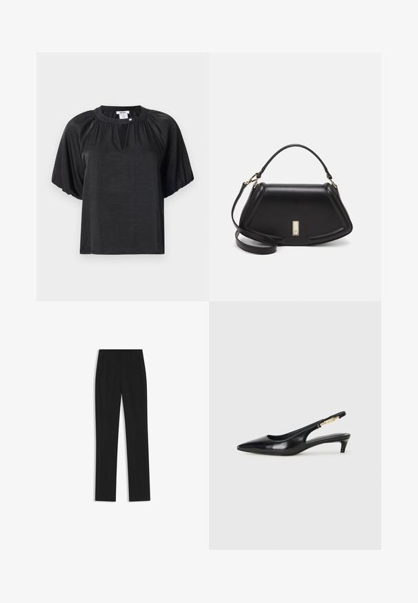Top corto nero a maniche corte realizzato in tessuto leggero, con scollo rotondo, dettagli plissettati e un piccolo bottone decorativo al colletto.; Pantaloni neri su misura con un design a gamba dritta, dotati di tasche frontali e un tessuto liscio e strutturato. Dettagli ordinati e minimalisti.; Tacchi slingback in pelle nera con punta affusolata, caratterizzati da un tacco alto e un accento dorato sulla cinghia regolabile. Texture liscia.; Borsa a mano in pelle nera con un design strutturato, caratterizzata da una forma corta, manico superiore e accessori in metallo dorato. Inclusa tracolla regolabile.