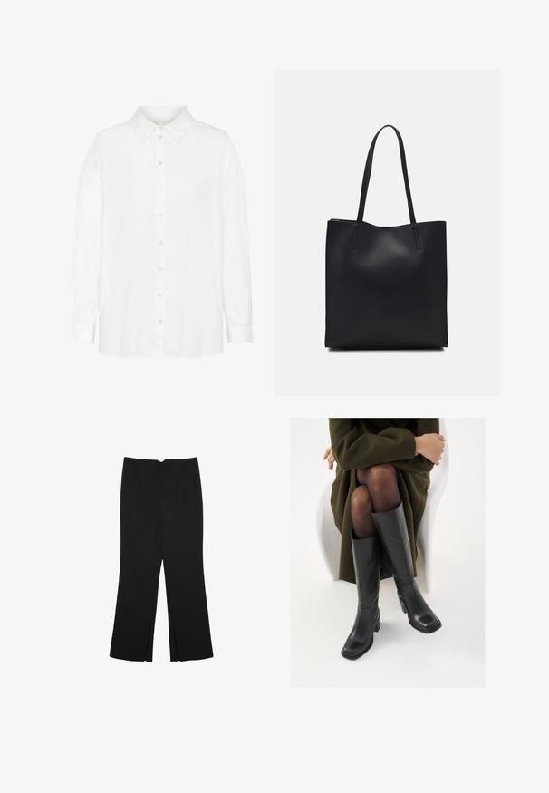 White long-sleeve button-up shirt made of lightweight fabric, featuring a classic collar and a straight cut with a relaxed fit.; Black trousers with a straight fit, featuring front pockets and side slits at the hem. Made of soft, smooth fabric. Suitable for various occasions.; Knee-high black leather boots with a squared toe and block heel, shown with a model seated in an olive green coat. Smooth texture, minimal detailing.; Black leather tote bag with smooth texture, rectangular shape, and two long handles. No visible hardware or embellishments.