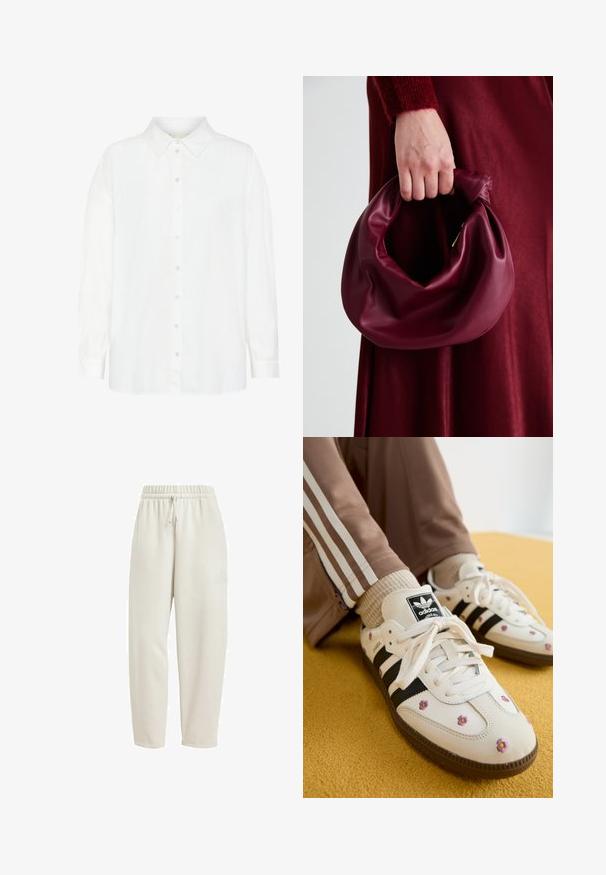 Cămașă albă cu mâneci lungi, cu nasturi, dintr-un material ușor, având un guler clasic și o tăietură dreaptă cu un fit lejer.; Pantaloni de trening bej deschis, realizați dintr-un material moale, cu un brâu elastic și șnur ajustabil, având un accent subtil al unui logo pe lateral.; Adidași din piele albă cu trei dungi negre și broderie florală în nuanțe de mov și galben. Talpă din cauciuc marron. Asortați cu șosete bej cu dungi.; Geantă de mână din piele burgundă, cu un design moale și pliat și o formă rotundă. Mânerele sunt securizate, evidențiind o textură netedă.