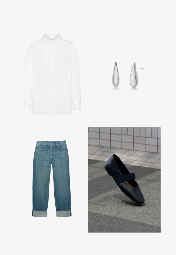 Biała koszula z długim rękawem, zapinana na guziki, uszyta z lekkiego materiału. Posiada klasyczny kołnierzyk oraz prosty krój z luźnym dopasowaniem.; Niebieskie dżinsy z podwiniętymi mankietami, z przodem na guziki i zamek błyskawiczny oraz pięcioma kieszeniami.; Czarne skórzane płaskie buty z okrągłym noskiem, z miękkim czarnym elastycznym paskiem przez wierzch. Gładka tekstura i minimalistyczny design.; Srebrne kolczyki w kształcie kropli z gładką, odbijającą powierzchnią. Posiadają spiczasty czubek i standardowy styk do bezpiecznego noszenia.