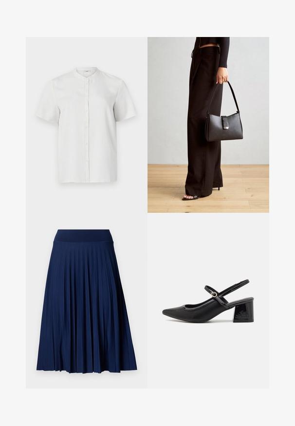 Biela košeľa s krátkym rukávom a stojatým golierom, hladká textúra a predné gombíky, s jednoduchým a čistým dizajnom.; Námornícka plisovaná sukňa so širokým pásom, vyrobená z hladkej tkaniny. Obsahuje vertikálne plisovanie a siaha do polovice lýtok.; Čierne lakované kožené lodičky so slingback dizajnom, špicatou špičkou, zaobleným výrezom a blokovým podpätkom. Obsahuje akcent zlatého tónu s prackou.; Čierna kabelka so štruktúrovaným tvarom, hladkou textúrou a kovovou sponou. V kombinácii so širokými čiernymi nohavicami a sandálmi s otvorenou špičkou na drevenej podlahe.