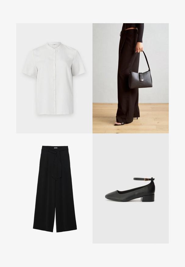 Camicia bianca a maniche corte con colletto alla coreana, tessuto liscio e bottoni frontali, caratterizzata da un design semplice e pulito.; Pantaloni neri a gamba larga caratterizzati da un tessuto testurizzato, una vita elastica e una cintura staccabile per una vestibilità regolabile.; Pump in pelle nera con punta affusolata e tacco basso a blocco. Presenta una cinghia alla caviglia con una fibbia in tonalità oro. Texture liscia.; Borsa nera con forma strutturata, texture liscia e una chiusura metallica. Abbinata a pantaloni neri larghi e sandali open-toe su un pavimento in legno.