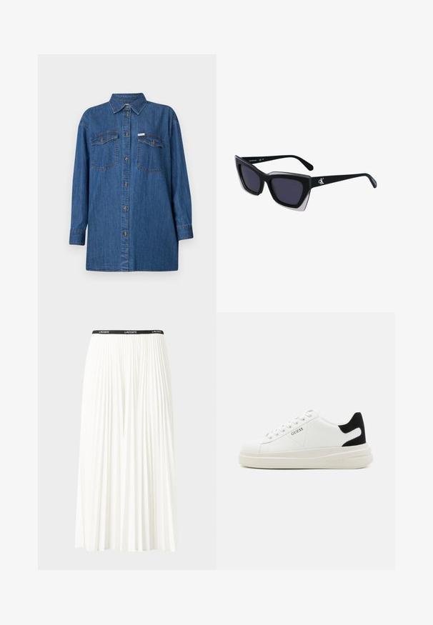 Teksaskaad, pika varrukaga, helesinine, kaks rinna taskut, nööpidega ees, klassikaline krae, tekstureeritud kangas, lõdva lõikega.; Kurtitudega valge seelik musta elastse vööga, millel on "LACOSTE" logo. Keskmise pikkusega disain pehme tekstuuriga.; Valged nahast tennisetossud paksu valge tallaga, musta sametist kontsakeeuga ja külje peal riigilogo reljeefne kujundus. Lukkeskeem kuue silmaauguga.; Mustad suured mustad prillid geomeetrilise kujuga, tumedate läätsedega ja kontrastse halli detailiga raamidel. Logo käe peal.