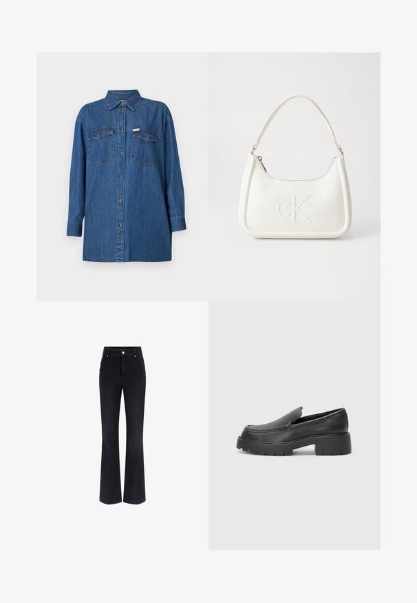 Farmer ing, hosszú ujjak, világoskék, két mellzseb, gombos elülső rész, klasszikus gallér, textúrált anyag, laza szabás.; Fekete farmerbő szabású nadrág, magas derékkal, öt zsebbel, valamint fémgomb díszítéssel az oldalakon. Sima textúra és klasszikus illeszkedés.; Fekete bőr loafer cipők kerek orral, vastag, texturált talppal és minimális varrási részletekkel. Áramvonalas dizájn, látható fűzők vagy fém részek nélkül.; Fehér bőrtáska ívelt formájú, elöl feltűnő "CK" logóval, egyetlen vállpánttal. Cipzáras zárás a tetején.