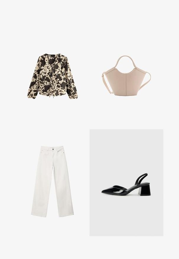 Blúzka s dlhým rukávom a výstrihom do V, s krémovým a čiernym vzorom na kravské vzory, so zberanými rukávmi a viazaním vpredu.; Biele široké džínsy vyrobené z denimu, s vysokým pásom, dizajnom s piatimi vreckami a kovovým zapínaním. Hladká textura, bez vzorov.; Čierne lakované kožené sandálové podpätky s špicatou špičkou a geometrickým blokovým podpätkom. Disponujú elegantným, minimalistickým dizajnom a hladkým povrchom.; Béžová kožená kabelka s unikátnym tvarom, vybavená dvoma krátkymi uchami a jedným dlhým nastaviteľným popruhom. Hladký povrch s minimálnym kovovým príslušenstvom.