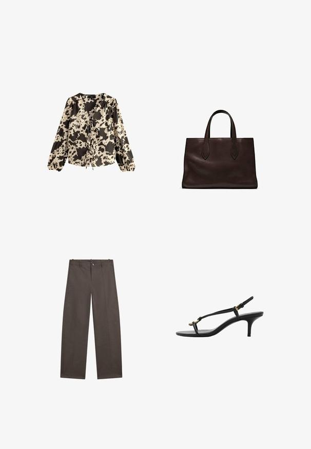 Blusa a maniche lunghe con scollatura a V, caratterizzata da una stampa a macchie di mucca in crema e nero, maniche arricciate e un dettaglio con fiocco sulla parte anteriore.; Pantaloni a gamba larga in tessuto marrone scuro. Presentano una chiusura con bottone, due tasche frontali e una texture liscia con cuciture pulite.; Sandal con zeppa kitten nera in pelle, con sottili cinturini, fibbia dorata e una minimalista fascetta per le dita su sfondo bianco.; Borsa a spalla in pelle marrone con due manici lunghi, forma rettangolare strutturata, texture liscia e dettagli di cucitura sottili.