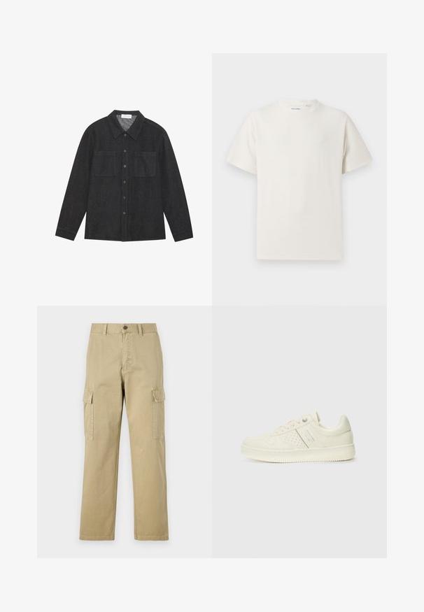 Dark gray shirt made of textured fabric, featuring a pointed collar, button front, and two chest pockets. Long sleeves with buttoned cuffs.; White short-sleeve T-shirt in a ribbed texture. Round neckline, relaxed fit, no visible patterns or accents. Simple and versatile design.; Beige cargo pants made of cotton, featuring two side pockets, a button closure, and straight legs with a slightly textured fabric.; Cream-colored sneaker with perforated detailing, laces, and logo on the side, displayed against a plain white background.