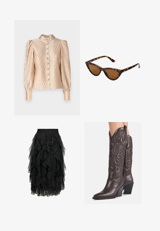 YAS YASRIPPLE SHOW - Camicetta - sheer bliss; Gonna midi nera realizzata in tulle a strati con un design arricciato. Presenta una vita elastica. Il tessuto trasparente aggiunge texture e movimento.; Stivali da cowboy in pelle marrone con punta affusolata e tacco a blocco, caratterizzati da dettagliati ricami e accenti rialzati sul gambale.; Occhiali da sole cat-eye con una montatura tartarugata nera e arancione, lenti marroni e punte affusolate e eleganti. Presentano un logo minimale sulla asta.