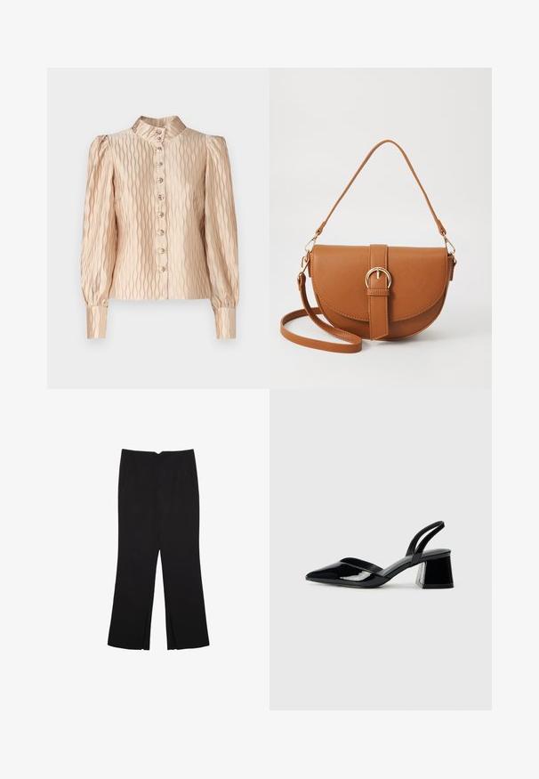 YAS YASRIPPLE SHOW - Blúzka - sheer bliss; Čierne nohavice so strihom rovného strihu, s prednými vreckami a bočnými rozparkami na leme. Vyrobené z mäkkej, hladkej tkaniny. Vhodné na rôzne príležitosti.; Čierne lakované kožené sandálové podpätky s špicatou špičkou a geometrickým blokovým podpätkom. Disponujú elegantným, minimalistickým dizajnom a hladkým povrchom.; Hnedá kožená kabelka cez telo s zakriveným tvarom, zlatými kovovými doplnkami a akcentom s prackou. Obsahuje odnímateľný ramenný popruh.