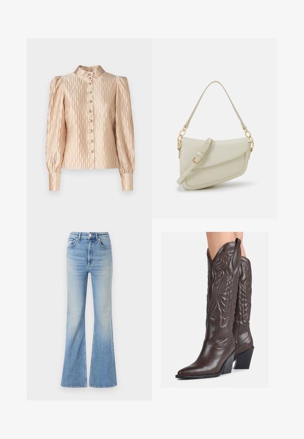 YAS YASRIPPLE SHOW - Bluse - sheer bliss; Helle blaue Schlagjeans aus Denim mit hoher Taille, fünf Taschen und subtilem Farbverlauf bis zum Saum.; Braune Leder-Cowboy-Stiefel mit spitzem Punkt und Blockabsatz, die über detaillierte Stickereien und hervorgehobene Akzente am Schaft verfügen.; Kleine cremefarbene Handtasche mit strukturiertem Finish, einem langen verstellbaren Tragegurt, einem Kettenakzent und einem Klappenverschluss. Goldene Hardware-Details.; Silberne Creolen mit gedrehter Gestaltung, ausgestattet mit einer polierten Oberfläche und einer Steckverschluss. Sie haben einen Durchmesser von ca. 3 cm.