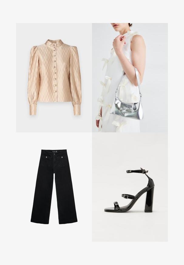 YAS YASRIPPLE SHOW beżowy; Czarne, szerokie dżinsy z wysokim stanem, z dwoma przednimi kieszeniami i metalowymi guzikami. Tkanina ma gładką fakturę.; Czarne lakierowane sandały na obcasie z kwadratowym noskiem, z paskami wokół kostki i srebrnymi klamrami. Posiadają masywny słupek dla stabilności.; Srebrna metaliczna torebka o strukturalnym kształcie, wyposażona w górną rączkę i detal w postaci kokardy z przodu. Gładka tekstura, odbijające światło wykończenie.