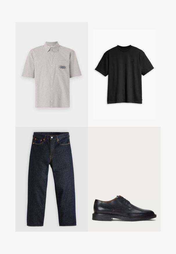 Korte mouwen, gekleed overhemd in een grijs-witte ruitpatroon. Bevat een borstzak met een contrasterend grafisch ontwerp.; Zwarte katoenen t-shirt met een ronde hals en korte mouwen. Heeft een subtiel logo aan de voorkant en een rechte zoom. Eenvoudig en minimalistisch ontwerp.; Donkerblauwe denim jeans met een rechte snit, vijf zakken, contrasterende oranje stiksels en een knoopsluiting. Geen zichtbare patronen of versieringen.; Zwart leren dresschoen met een ronde neus, vetersluiting en een lage gestapelde hak. Gladde textuur met minimale stiksels.