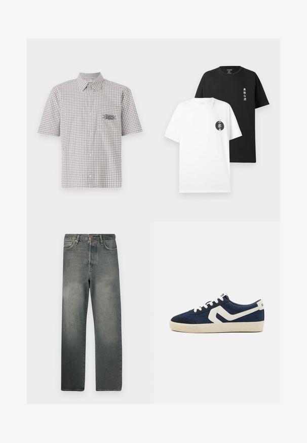 Koszula z krótkim rękawem, z kołnierzykiem w szaro-białą kratę. Posiada kieszonkę na piersi z kontrastowym wzorem graficznym.; Dwie bawełniane koszulki: jedna biała z czarną okrągłą grafiką i tekstem, a druga czarna z pionowym białym tekstem. Krótkie rękawy i okrągły dekolt.; Jack & Jones JJIALEX JJCOOPER czarny denim; Niebieskie dżinsowe trampki niskie z białym skórzanym akcentem i kremową gumową podeszwą; posiada okrągłe sznurowadła oraz teksturowane wykończenie na podeszwie.