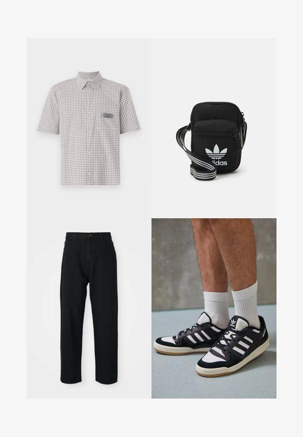 Korte mouwen, gekleed overhemd in een grijs-witte ruitpatroon. Bevat een borstzak met een contrasterend grafisch ontwerp.; Zwarte denim broek met een rechte pijp. Heeft een klassiek vijf-pocket ontwerp, een knoopsluiting en een subtiele stoftextuur.; Zwart-witte sneakers met een bovenwerk van suede en leer, voorzien van drie witte strepen, een geperforeerde neus en een rubberen gumzool.; Zwarte stoffen schoudertas met een ritssluiting, voorzien van een wit Adidas-logo en een gestreepte, verstelbare schouderband voor gemakkelijk dragen.