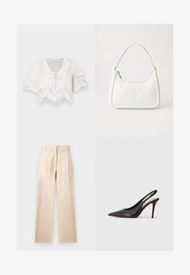 Hvit avkortet bluse med korte ermer, med en scalloped kant, blomsterutskjæringer og knytelukking ved halslinningen. Laget av lett stoff.; Beige bukser laget av glatt stoff. Har en rett kutt, flat front og to folder. Ingen synlige mønstre eller beslag.; Svart lær slingback høye hæler med spiss tå, glatt tekstur og en delikat stropp med en metallisk spenne.; Hvit lærveske med en buet fasong, med et preget "CK"-logo på forsiden og en enkel skulderstropp. Glidelåslukking på toppen.
