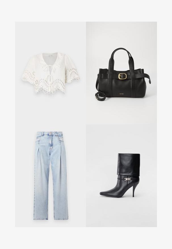 Weißes, kurzärmliges Crop-Top mit gewelltem Saum, floralen Ausschnitten und einer Krawatte am Hals. Aus leichtem Stoff gefertigt.; Helle blaue Denim-Jeans mit hoher Taille, weitem Beinschnitt, zwei seitlichen Taschen und gefaltetem Design. Weiche Textur mit einem ausgebleichten Finish.; Schwarze Leder-Ankle-Boots mit spitzer Zehenpartie, hohen Stiletto-Absätzen, umgeschlagenem Schaft und einem goldenen dekorativen Schnallen-Detail an der Knöchel.; Schwarze Lederhandtasche mit strukturiertem Design, doppelten oberen Griffen, goldfarbenem Schnallenakzent und geprägtem Markenlogo auf der Vorderseite.