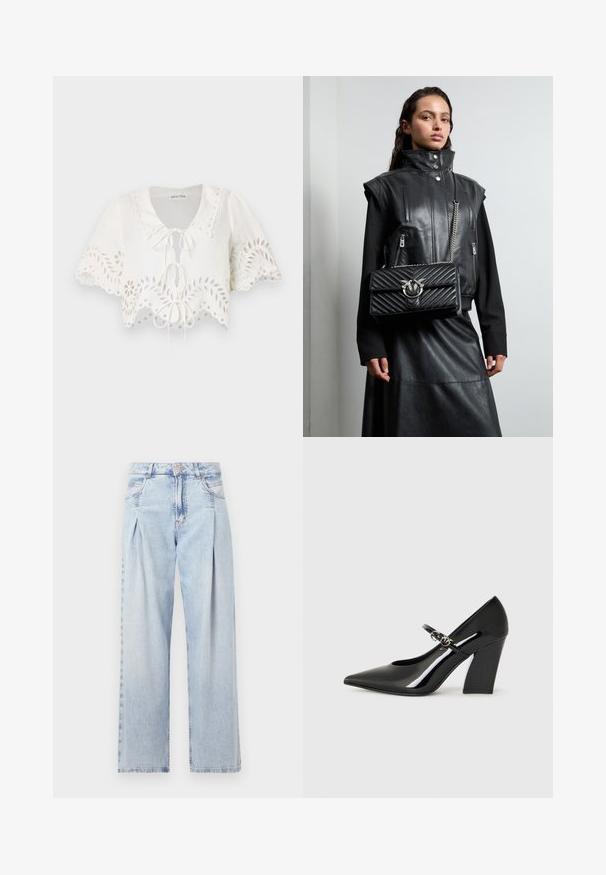 Λευκό κοντό μπλούζα με κοντά μανίκια, διακοσμημένο με οδοντωτή μέση, λουλουδάτες τρύπες και κλείσιμο με κορδόνι στον λαιμό. Κατασκευασμένο από ελαφρύ ύφασμα.; Ανοιχτό μπλε τζιν παντελόνι με ψηλή μέση, φαρδιά γραμμή, δύο πλαϊνές τσέπες και σχέδιο με πτυχώσεις. Μαλακή υφή με ξεθωριασμένο φινίρισμα.; Μαύρο παπούτσι τακουνιού από πατέντα με μυτερή μύτη, χοντρό τακούνι και λουράκι με μεταλλική λεπτομέρεια.; Μαύρο δερμάτινο γιλέκο με ψηλό γιακά, με τσέπες με φερμουάρ και μια μαύρη καπιτονέ τσάντα χειρός με ασημί μεταλλικά αξεσουάρ, φορεμένα με μια μακριά μαύρη φούστα.