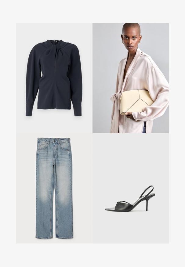 Navy long-sleeve top with folded collar, front zip closure, and structured shoulders. Smooth fabric with minimal texture.; Light blue denim jeans with a straight fit, featuring a high waist, five-pocket design, and subtle fading on the thighs and knees.; Black leather slingback heels with a pointed toe, thin ankle strap, and stiletto heel. Features a knotted detail on the vamp.; Cream structured handbag with contrasting black seams, featuring a geometric design. Smooth texture with gold hardware accents.