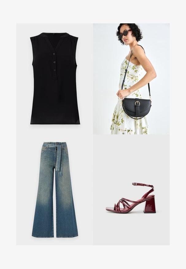 Črna brezrokavna majica z V-izrezom, gumbi spredaj in subtilnimi naborki na ramenskih delih. Narejena iz mehkega, lahkega blaga z gladko teksturo.; Široke jeans hlače z gradientom od svetlo do temno modre, visokim pasom, zankami za pas in pasom iz istega materiala. Tekstura denim končnica.; Patent burgundske sandale na peto s kvadratnim nosom, ki vsebujejo več prepletenih trakov in debelo blokasto peto. Nastavljiv trak okoli gležnja.; Črna usnjena torbica s ukrivljeno obliko, z odstranljivo naramnico in zlatimi dodatki. Torbica ima pokrov s podrobnostmi v obliki zaponke.