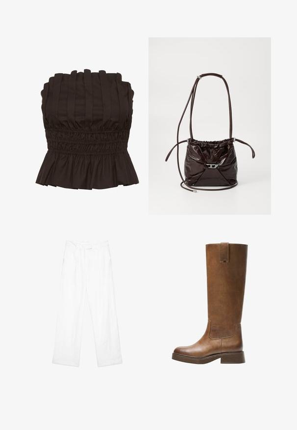 Gestuz PAULINE - Top - dark brown; Beli laneni hlače z ohlapnim krojem, ravnimi nogami, sprednjimi žepi in ravnim pasom. Gladka tekstura po celotni površini.; Bralne usnjene škornje do kolen z zaobljenim nosom, teksturirano površino in nizkim platiščem. Imajo stranski panel in zanko za poteg na vrhu.; Temno rjava sijoča usnjena torba čez ramo z nabiranim zgornjim delom in tankim nastavljivim trakom, ki je na sprednji strani opremljena z majhno kovinsko zaporo srebrne barve.