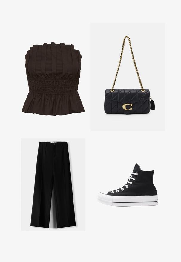 Gestuz PAULINE - Top - dark brown; Crne široke hlače izrađene od lagane tkanine, s prednjim zatvaranjem na dugme i ravnim prednjim dijelom, sa uredno šivenim rubovima.; Visoke crne platnene tenisice s bijelim rupama, vezicama i gumenim potplatom. Imaju teksturirani vrh i crno-bijele pruge kao ukrase.; Crna kvačasta torba s zlatnim lancem, s karakterističnim zlatnim kopčanjem i malom oznakom, koja prikazuje teksturiranu kožnu površinu.