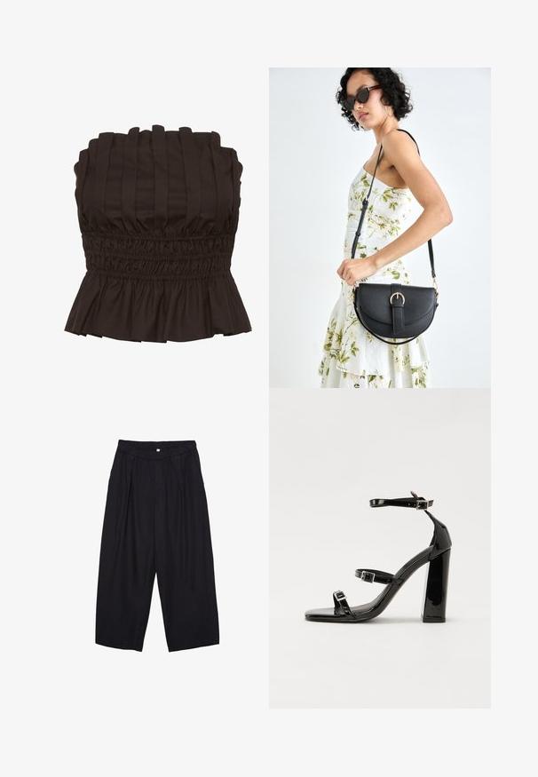 Gestuz PAULINE - Top - dark brown; Černé polyesterové culotte kalhoty s elastickým pasem, dvěma předními sklady a volným siluetou. Žádné viditelné vzory ani kovové detaily.; Černé lakované sandály na podpatku se čtveratou špičkou, lýtkovými pásky a stříbrnými přezkami. Disponují masivním blokovým podpatkem pro stabilitu.; Černá kožená kabelka s křivkovým tvarem, odnímatelným popruhem a zlatými detaily. Kabelka má klopu s přezkou.