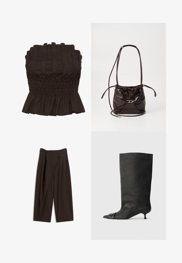 Gestuz PAULINE - Top - dark brown; Tmavohnedé široké nohavice s vysokým pásom, s jedným gombíkom a záhybmi vpredu. Vyrobené z ľahkej textílie.; Čierna kožená členková topánka s špicatou špičkou, malým podpätkom a kovovým akcentom na špičke. Hladká, matná textúra po celom povrchu.; Tmavo hnedá lesklá kožená kabelka na rameno s naťahovacím vrchom a tenkým nastaviteľným popruhom, ktorá má na prednej strane malý strieborný uzáver.