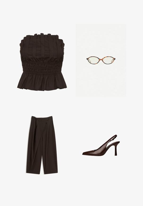 Gestuz PAULINE - Top - dark brown; Tmavohnedé široké nohavice s vysokým pásom, s jedným gombíkom a záhybmi vpredu. Vyrobené z ľahkej textílie.; Hnedé kožené slingback lodičky s špicatou špičkou a tenkým podpätkom. Obsahujú malú ozdobnú pracku na remienku a lesklý povrch.; Korytnačkové okuliare s oválnymi šošovkami a hladkým, lesklým povrchom. Majú tenké strany s jemným zakrivením na spánkoch. Priehľadné šošovky.; Tmavo hnedá lesklá kožená kabelka na rameno s naťahovacím vrchom a tenkým nastaviteľným popruhom, ktorá má na prednej strane malý strieborný uzáver.