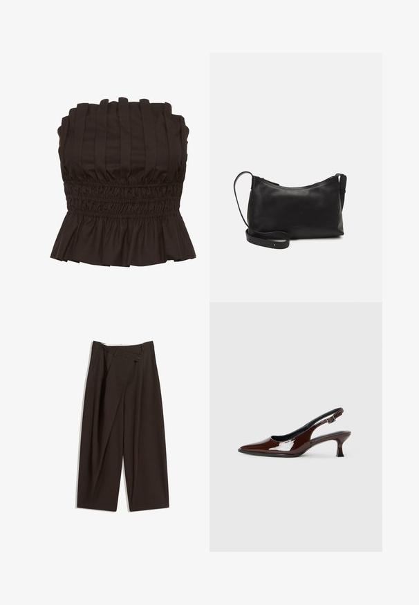 Gestuz PAULINE - Top - dark brown; Dark brown wide-leg trousers with a high waist, featuring a single button closure and a pleated front. Made from lightweight fabric.; Brown patent leather slingback shoe with a pointed toe and a moderate heel. Features a buckle strap for secure fit. Smooth texture.; Black leather shoulder bag with a smooth texture, curved shape, adjustable strap, and a zip closure. Minimalist design without embellishments.