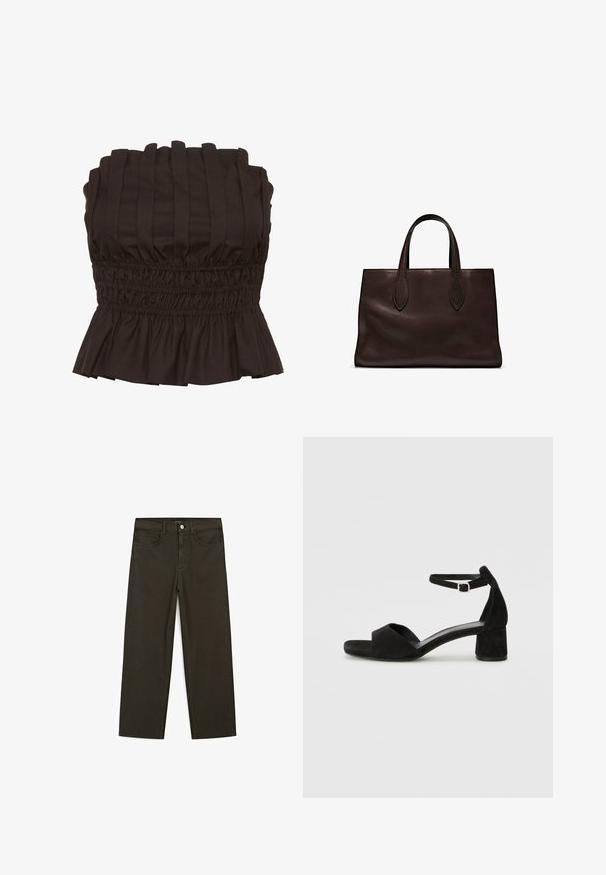 Gestuz PAULINE - Top - dark brown; Donkergroene wijde jeans van een katoenmix, met een sluiting met een voorste knop, vijf zakken en klassieke denimstiksels.; Zwarte suede hakken met een dunne enkelband, open teen ontwerp en een bescheiden blokhak. Zachte textuur en minimale accenten.; Bruine leren tote bag met twee verlengde handvatten, gestructureerde rechthoekige vorm, gladde textuur en subtiele stiksels.