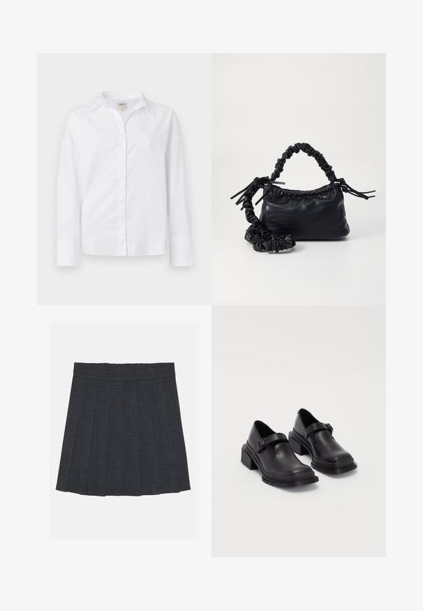 White long-sleeve shirt made from woven cotton. Features a collared neckline, button front, and a relaxed fit with slightly oversized sleeves.; Dark gray pleated skirt with an elastic waistband, featuring a textured fabric and a classic A-line silhouette. Suitable for casual wear.; Black leather shoes with a rounded toe, flat sole, and a strap with a buckle detail. Chunky block heel for added stability.; Black faux leather handbag with a crocodile texture, cinched top, and a scrunched strap. Appears soft and compact in design.
