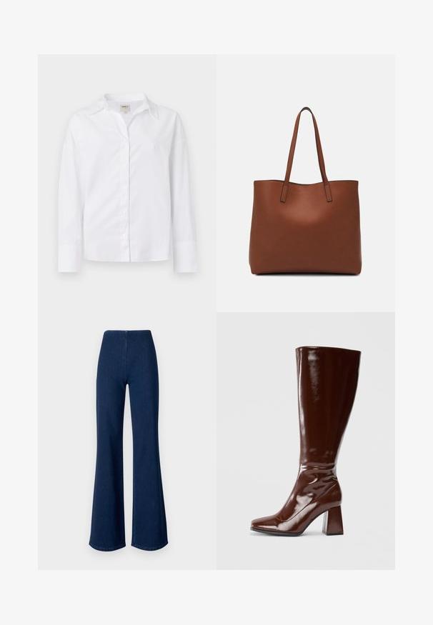 Hvit langermet skjorte laget av vevd bomull. Har kragehals, knappestay og en avslappet passform med noe oversized ermer.; Mørkeblå svingbukser laget av denim med elastisk midje. Har en glatt tekstur og bred ben-design som strekker seg til kanten.; Knelange brune lakk lær støvler med firkantet tå, blank overflate og en klumpete hæl for stabilitet. Sømløst design uten synlige detaljer.; Brun lær tote veske med en jevn tekstur, åpen toppdesign og to skulderstropper. Har minimal søm og ingen synlige spiker.