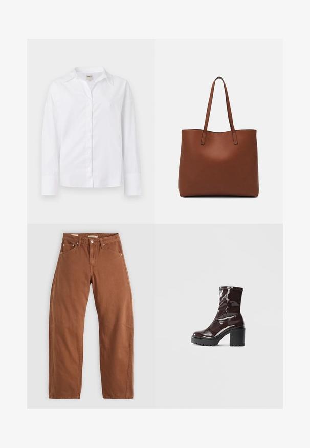 Balta ilga rankovė marškiniai pagaminti iš audinės medvilnės. Yra apykaklės iškirptė, sagčių priekis, o laisvas siluetas su šiek tiek per didelėmis rankovėmis.; Rudai rudi tiesūs džinsai su priekinėmis ir galinėmis kišenėmis, metaliniais kabliukais, mygtuko užsegimu ir diržo kilpomis, išdėstyti ant balto fono.; Blizgus burgundių spalvos kulknapis su tankiu juodu kulnu, pasižymintis lygiu paviršiumi ir paprastu dizainu. Nėra matomų užsegimų ar raštų.; Ruda odinė priekabų krepšys su glotnia tekstūra, atviru viršumi ir dviem petnešomis. Su minimalia siuvimo detalėmis ir nematoma aparatūra.