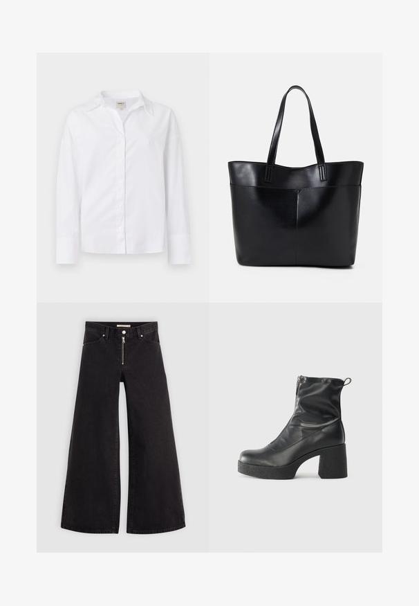 Valge pika varrukaga särk, mis on valmistatud kootud puuvillast. Omab kraega kaelust, nööbivormi ees ja lõdva istuvuse ning veidi üleliigsete varrukatega.; Laiad teksad mustast denimist, millel on lukuga eesmine osa, viie taskuga disain ja peened õmblusdetailid. Sile tekstuur ja juhuslik stiil.; Mustad mustad ansapüksid, mis on valmistatud siledast nahast, külje zipperiga, paksu tekstuuriga kontsaga ja ümmarguse nina disainiga.; Must mustaga musta nahast, millel on kaks pikka kanda, sile tekstuur ja struktureeritud kuju. Esipoolsel on lisakoti jaoks tasku.